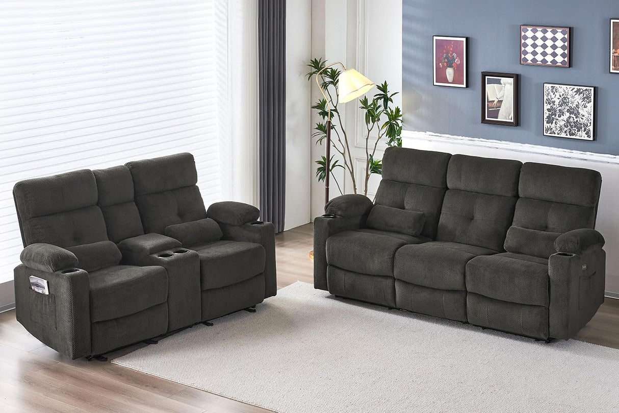 Consofa Power Reclining Sofa Set, 2 Pieces Reclining Living Room Set, Power Reclining Sofa and Loveseat Set, Recliner Sofa Set with Massage/Storage/Cup Houlder/USB Port for Living Room Consofa