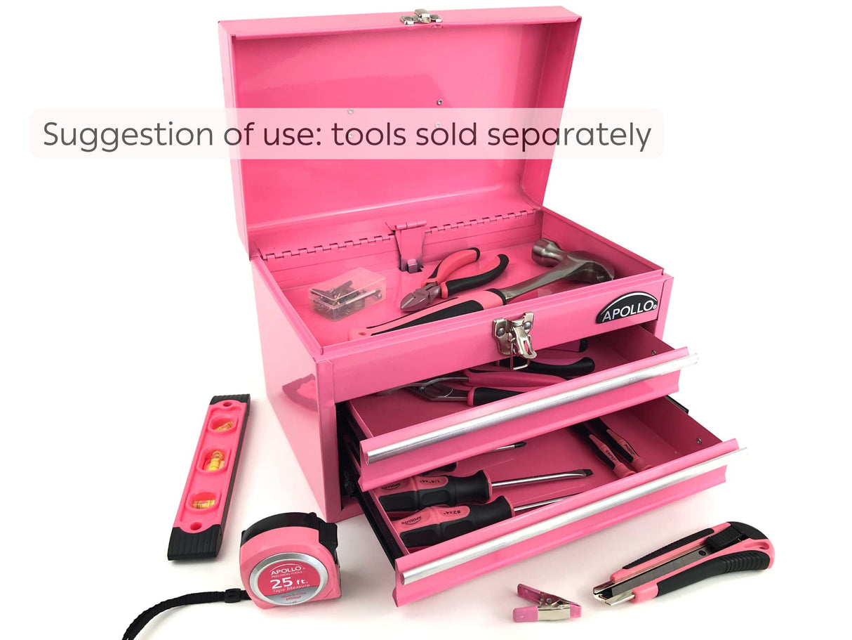 Apollo Tools 14 Inch Steel Tool Box with Deep Top Compartment and 2 Drawers in Heavy-Duty Steel With Ball Bearing Opening and Powder Coated Finish - Pink Ribbon - Pink - DT5010P Apollo