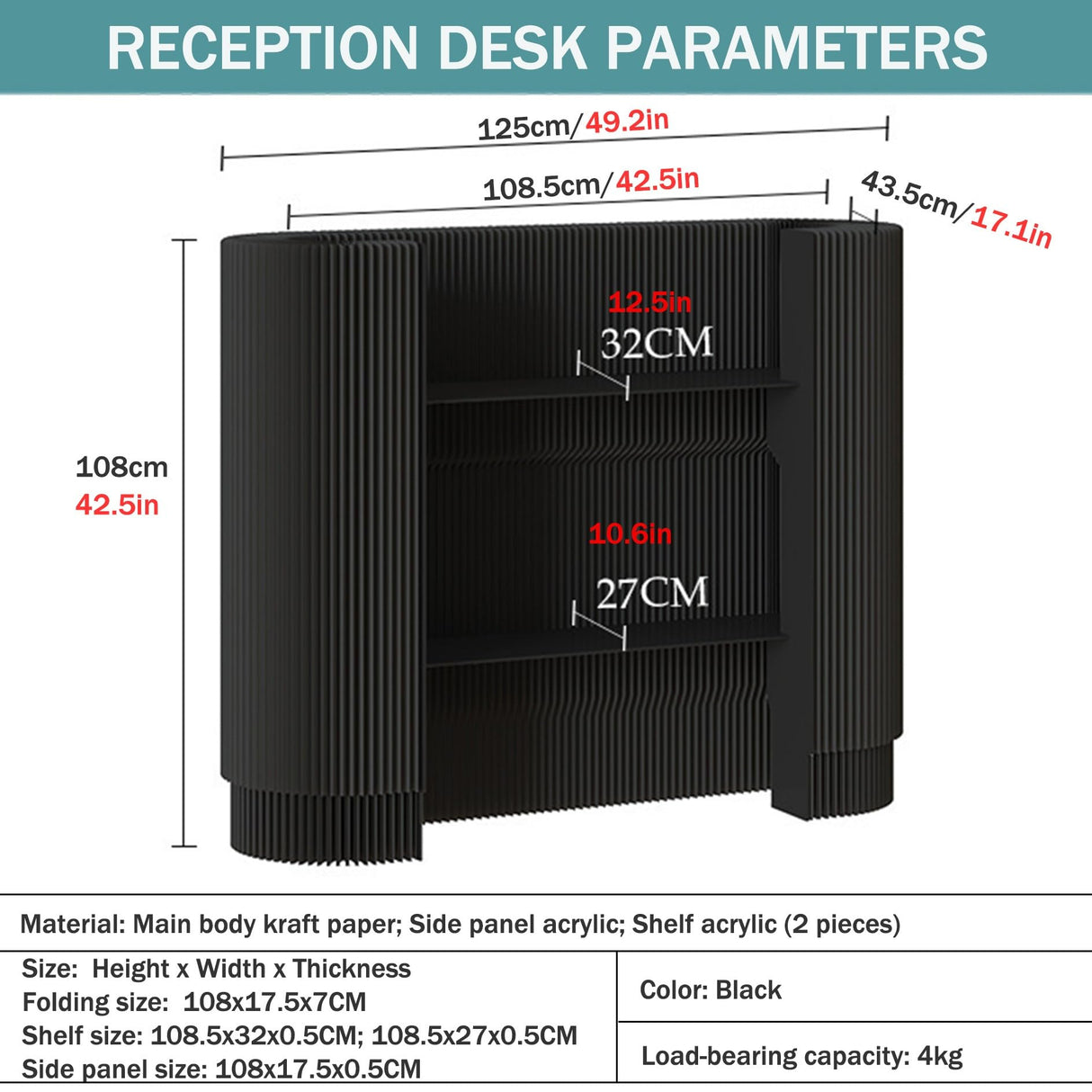 Modern Reception Desk,Retail Checkout Counter Desk Receptionist Table,Front Office Desk,Curved Portable Check Out Stand for Craft Shows,Display Rack,for Small Spaces,Bar,Store,Hotel,Lobby(Black) Leaceuv