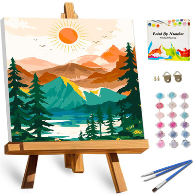 TOCARE Framed Paint by Numbers Kit for Adults Beginner, Sunset Mountains Paint by Number Framed,Easy Adult Paint by Number Kits on Canvas Framed (10x10 Inch, Without Easel)