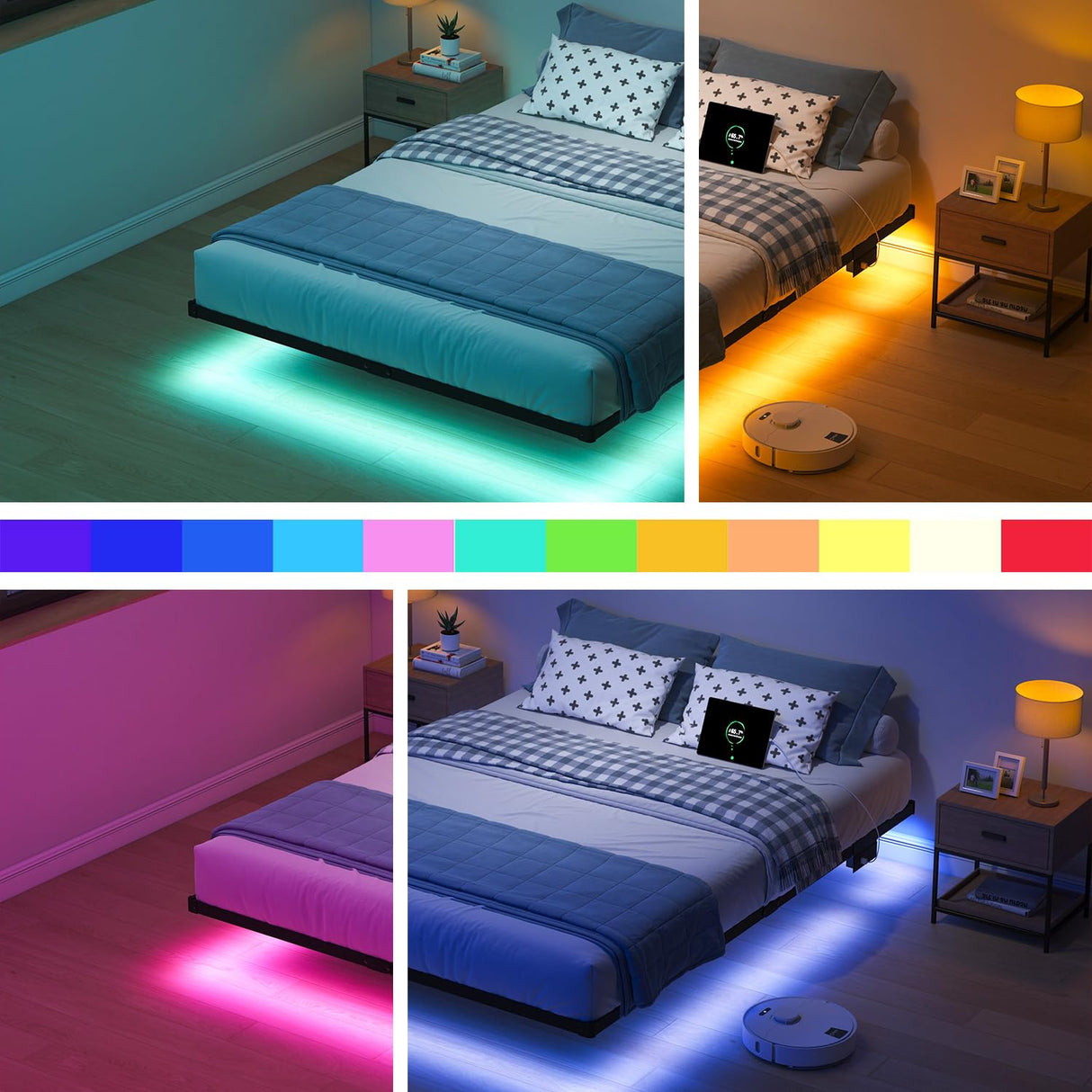 HAVONIZD Floating Bed Frame Queen with LED Lights and Charging Station - 8 inch Platform Bed Frame No Box Spring Needed, Easy Assembly HAVONIZD