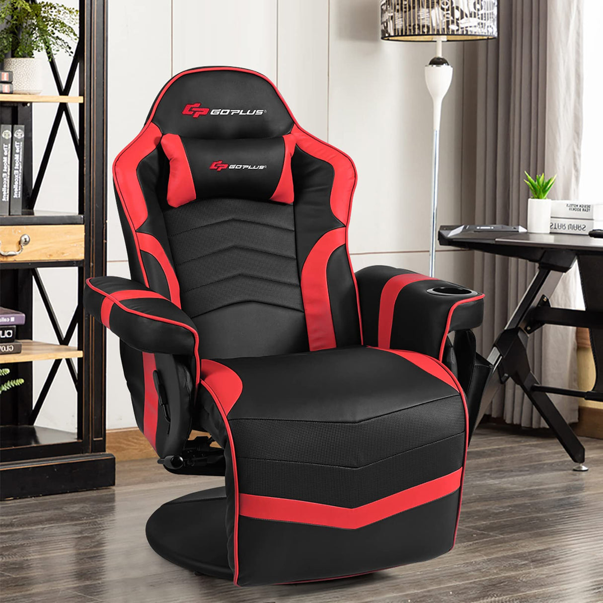 POWERSTONE Gaming Recliner Massage Gaming Chair with Footrest Ergonomic PU Leather Single Sofa with Cup Holder Headrest and Side Pouch, Adjustable Living Room Chair Seating, Red POWERSTONE