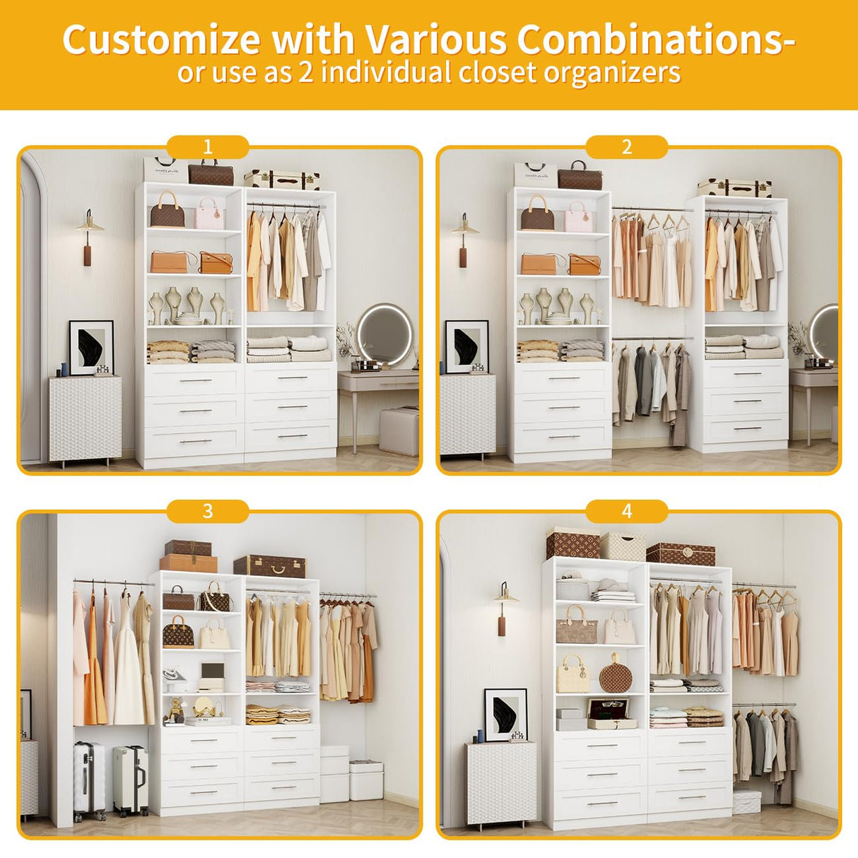 Secilix Closet System with 6 Drawers, 48" Wood Closet Organizer System, Walk-in Closet or Small Closet System with Shelves, Modular Closet Systems with 3 Expandable Hanging Rods, 2 Sets, White (4FT) secilix