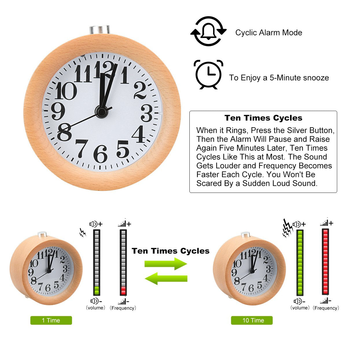 EC VISION Handmade Classic Small Round Silent Table Snooze Beech Wood Alarm Clock with nightlight EC VISION