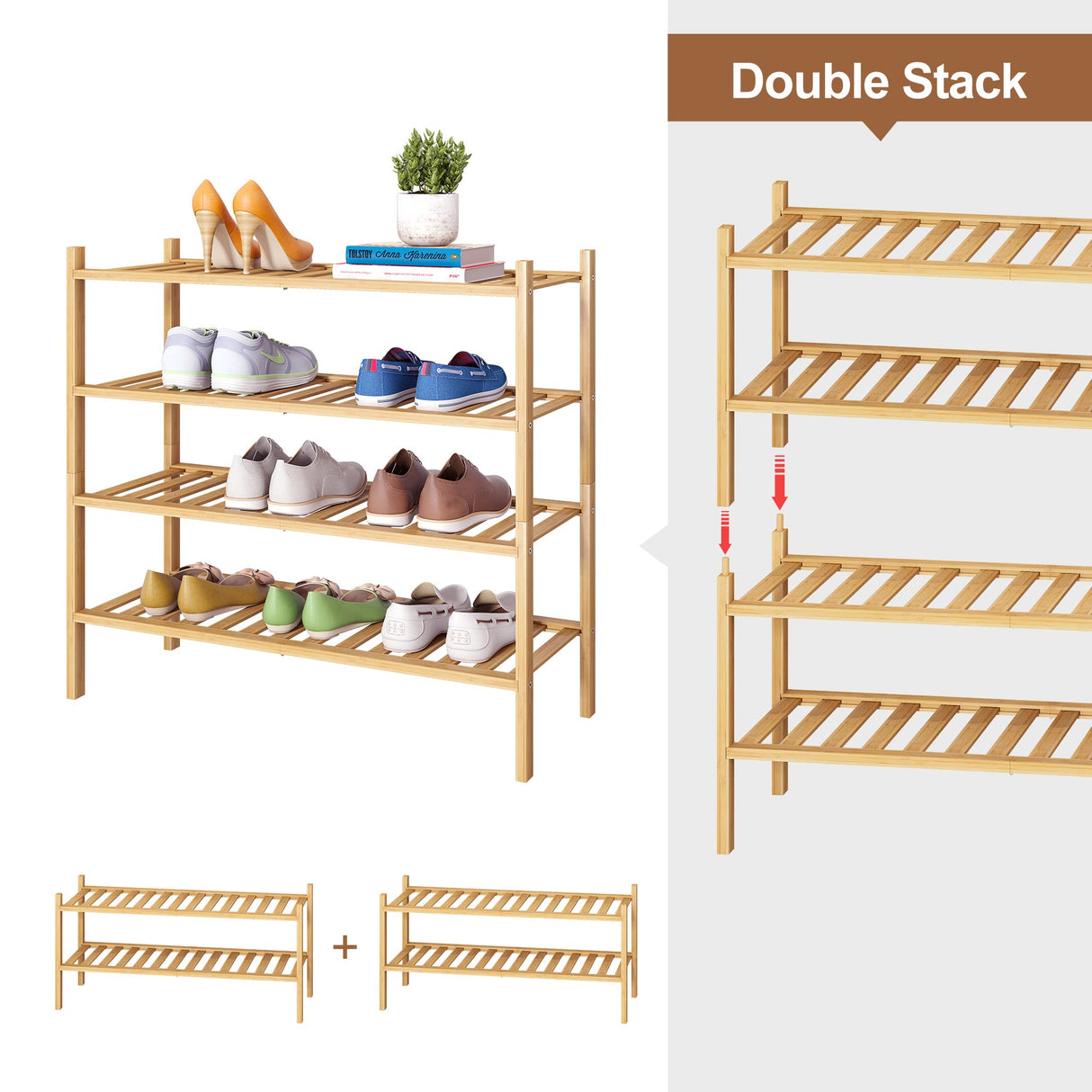 FILWH Bamboo Shoe Rack Stackable Shoe Shelf Storage Organizer for Unit Entryway Hallway and Closet Sturdy Freestanding Shoe Shelf(2 Tier Natural) FILWH