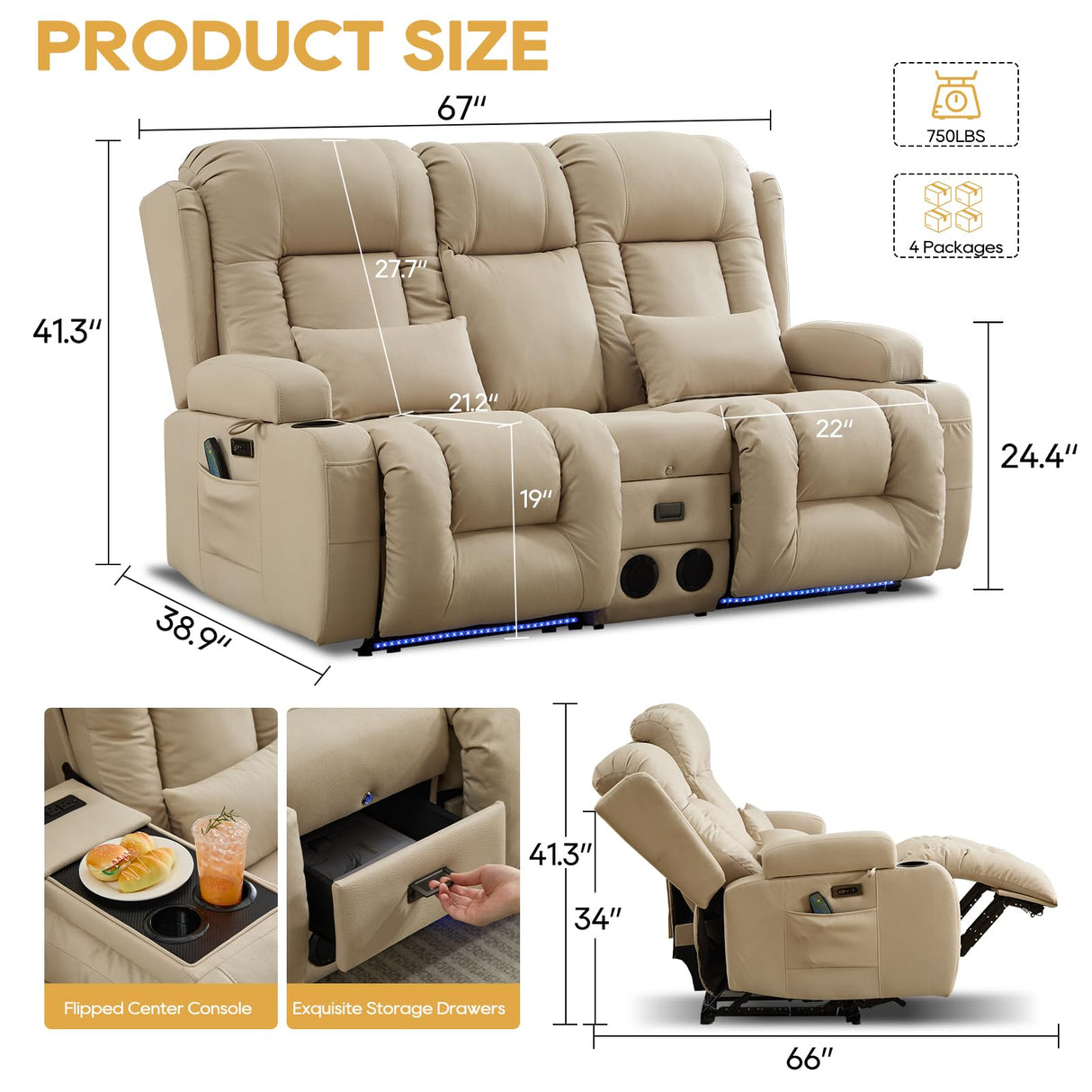 IPKIG Power Loveseat Recliner Sofa with Flip-Up Backrest Console, Drawer, AC Outlet, LED Light, Bluetooth Speakers, Wall Hugger Recliners for Living Room, RV, Home Theater (Beige, Loveseat) IPKIG