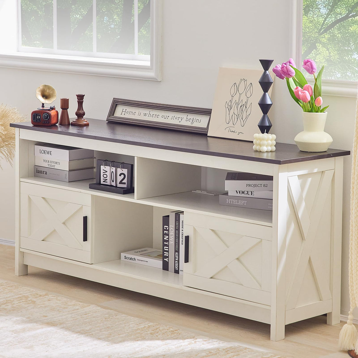 Rustic White Farmhouse TV Stand, Entertainment Center with Power Outlets for TVs up to 65 Inch, Mid Century Modern TV Cabinet, Media Console Table for Living Room, Farmhouse TV Console (Black) Redlifeᅟᅠ