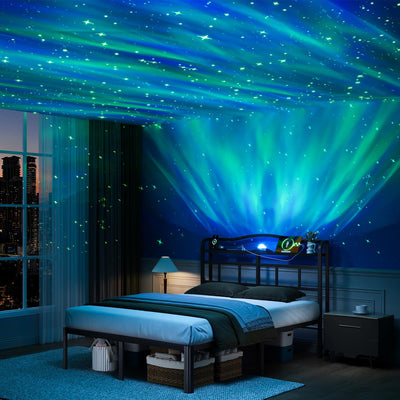 HAVONIZD Full Bed Frame - Storage Headboard with Charging Station & Galaxy Aurora Projector, 14 Inch Sturdy Metal Platform Bed Frame No Box Spring Needed, Easy Assembly, No Noise, Black