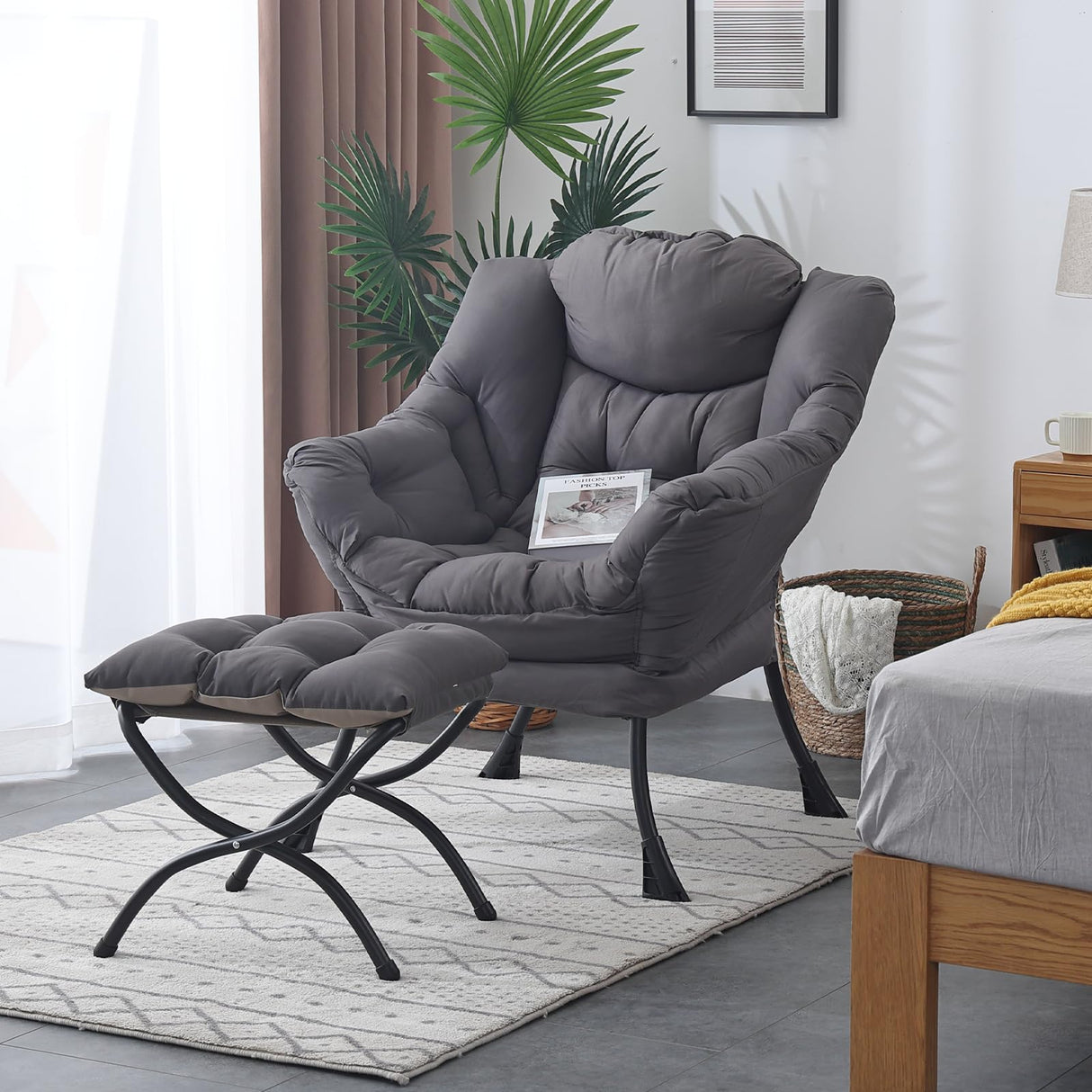 Welnow Lazy Chair with Ottoman, Modern Lounge Accent Chair with Armrests and a Side Pocket, Leisure Upholstered Sofa Chair Reading Chair with Footrest for Small Space, Corner Chair, Dark Grey Welnow