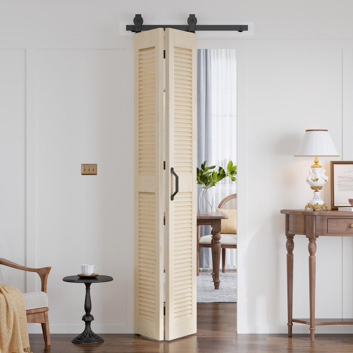 ROYMELO Preassembled Bifold Barn Door 30 x 84 Inch (Double 15 x 84 Inch), Louver Sliding Closet Wood Bi-Folding Barn Doors with 34 Inch Top Mount Hardware Track Kit, Save Space ROYMELO