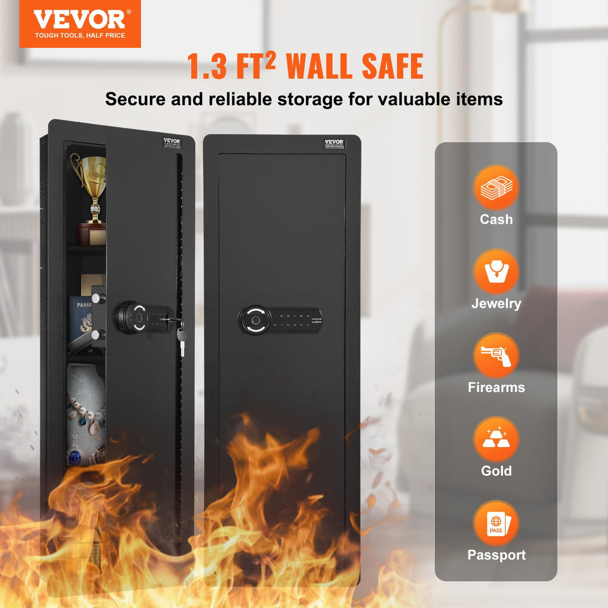 VEVOR 42.91" Tall Wall Gun Safe, 4-Tier Hidden Gun Safe with Keypad & Fingerprint, 3 Removable Shelves & 6 Key Holders, Q235 Cold-Rolled Steel Gun Safe with LED Light, Vibration Alarm, Holster & Stock VEVOR