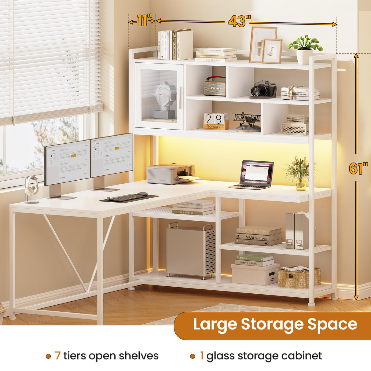 SEDETA L Shaped Computer Desk, 58'' Office Desk with LED Light and Bookshelf, L Shaped Corner Desk with Storage Shelves for Home Office, Gaming Desk, L Desk, White SEDETA
