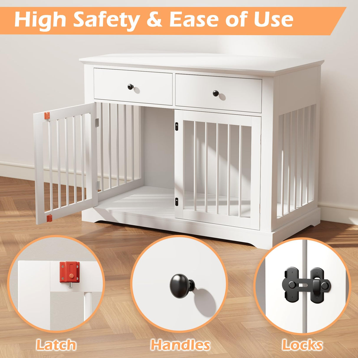 Dog Crate Furniture, 44 Inch Wooden Dog Kennel Furniture Indoor with 2 Storage Drawers, Heavy Duty Large Dogs Crate Furniture, Cage & House Furniture for Small Medium Large Dogs, White VENDORZ