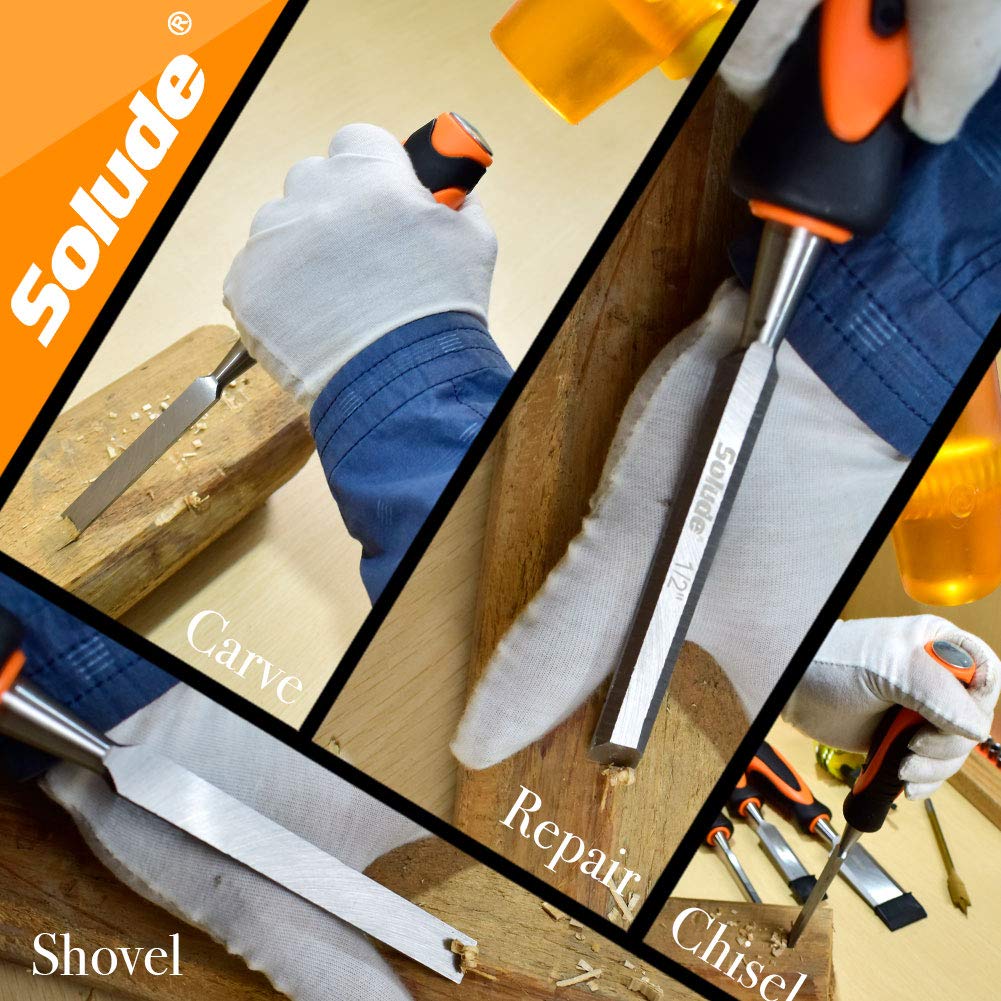 SOLUDE 11Pcs Wood Carving Chisel Set,Heated Treated Cr-V Woodworking Chisels Tool Kit with Sharpening Stone,Honing Guide,Carpenter Pencils SOLUDE