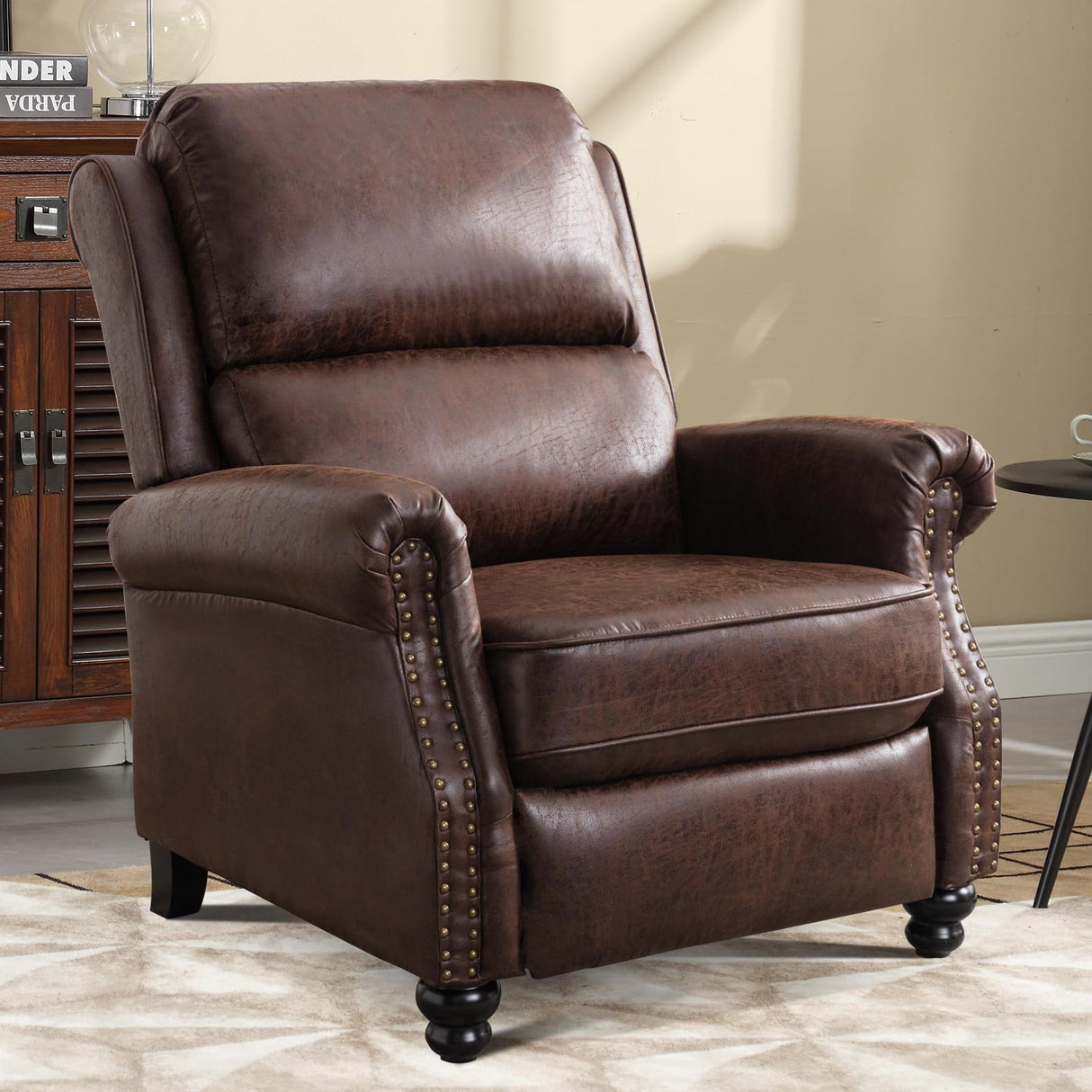 IOMOR Push Back Recliner Chair Faux Leather Lounge Armchair with Rivet Decoration Wingback Single Sofa Chair with Padded Seat Solid Wood Legs for Living Room, Comfy Upholstered, Red Brown IOMOR