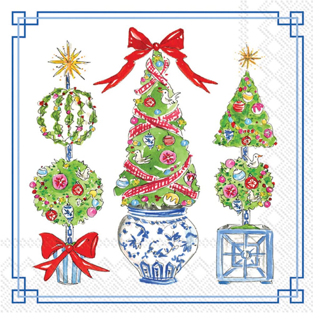 Boston International Rosanne Beck Winter Holiday Christmas IHR 3-Ply Paper Napkins, 20-Count Lunch Size, Bright Topiary Trees Boston International