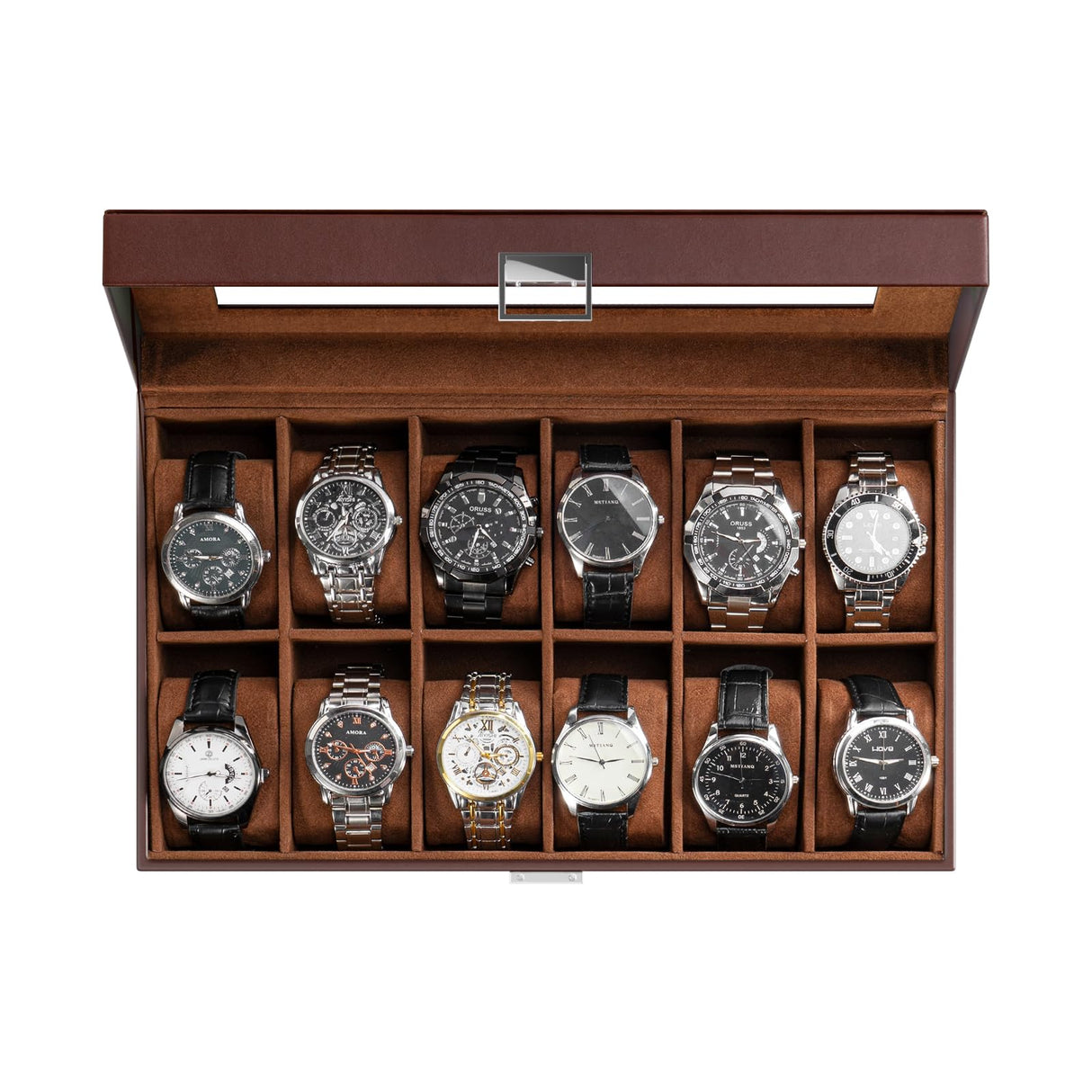 ProCase Watch Box Organizer for Men, 12 Slot Watch Display Case With Glass Lid, PU Leather Watch Storage Mens Watch Case, Watch Holder Organizer for Men Women -12 Slot, Brown ProCase