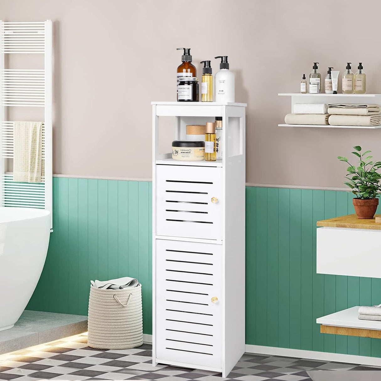 VOGGV Bathroom Storage Cabinet, Bathroom Floor Cabinet Freestanding 1 Doors and Shelves for Home Kitchen, Living Room and Hallway, 29.5 * 8.66 * 7.87in, White VOGGV