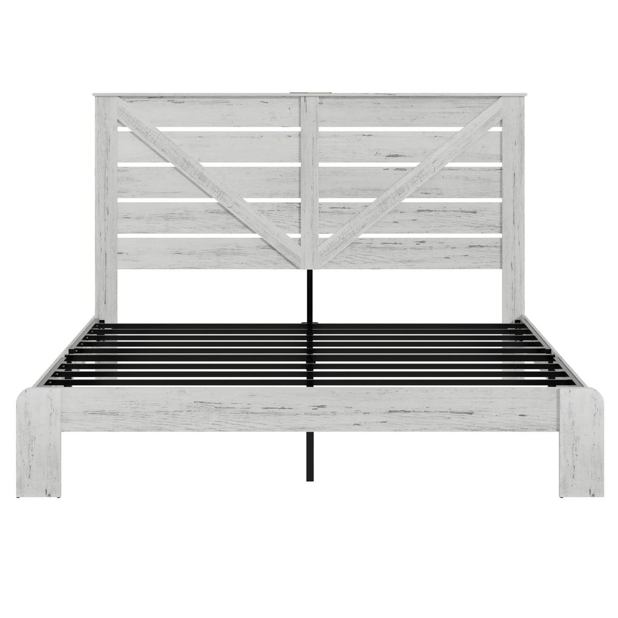 FSTAR King Size Wooden Farmhouse Bed Frame with Headboard, Boho Platform Bedframe with Charging Station & Led Lights, Heavy Duty Metal Slats, Noise Free, No Box Spring Needed, White FSTAR