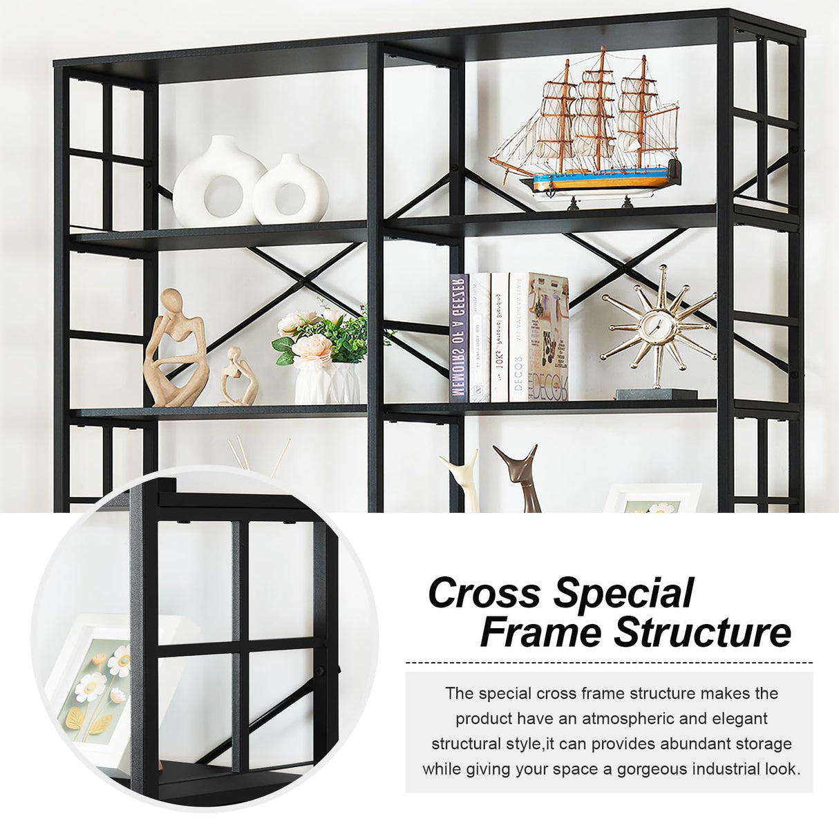 HOMISSUE 84" Double Wide Industrial 7-Tier Black Bookshelf with Open Shelves HOMISSUE