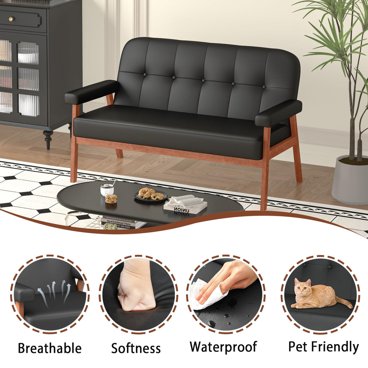 JIASTING 50” Black Leather Love Seat Sofa Couch, Mid Century Modern Small Office Loveseat Couch with Wood Arms, Two Seater Couches for Small Spaces, Living Room, Waiting Room, Bedroom (Black) JIASTING