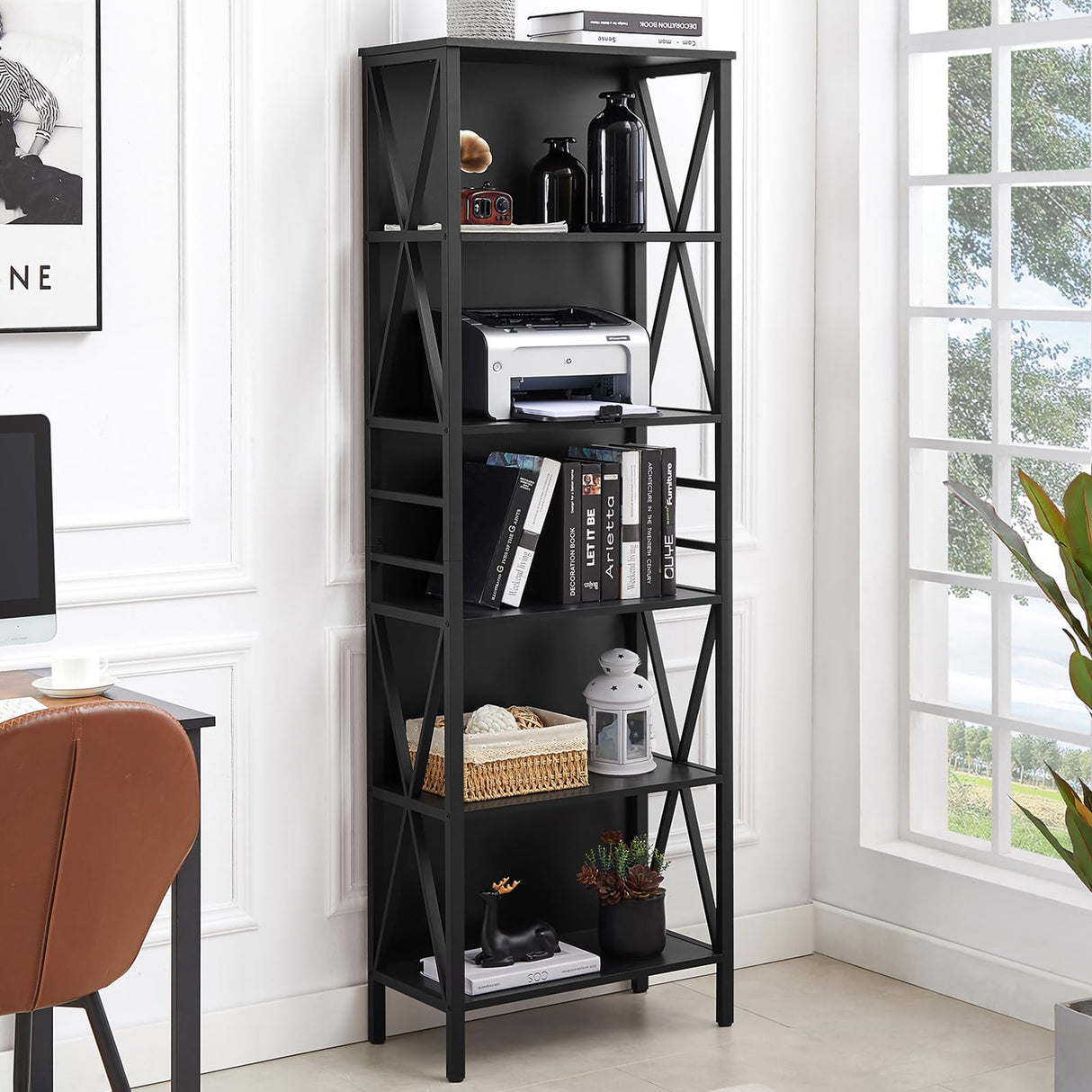 HOMISSUE Tall Bookshelf, 6-Tier Book Shelf, Rustic Wood Metal Bookshelves and Bookcases, Freestanding and Industrial Open Bookcase for Home Office, Living Room and Bedroom, Black HOMISSUE
