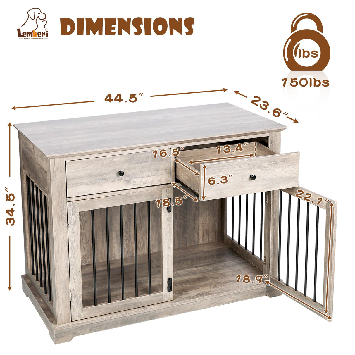 LEMBERI 44 Inch Large Dog Crate Furniture, Wooden Dog Kennel End Table with Storage Drawers, Decorative Pet Crates Dog House Indoor for Dogs LEMBERI