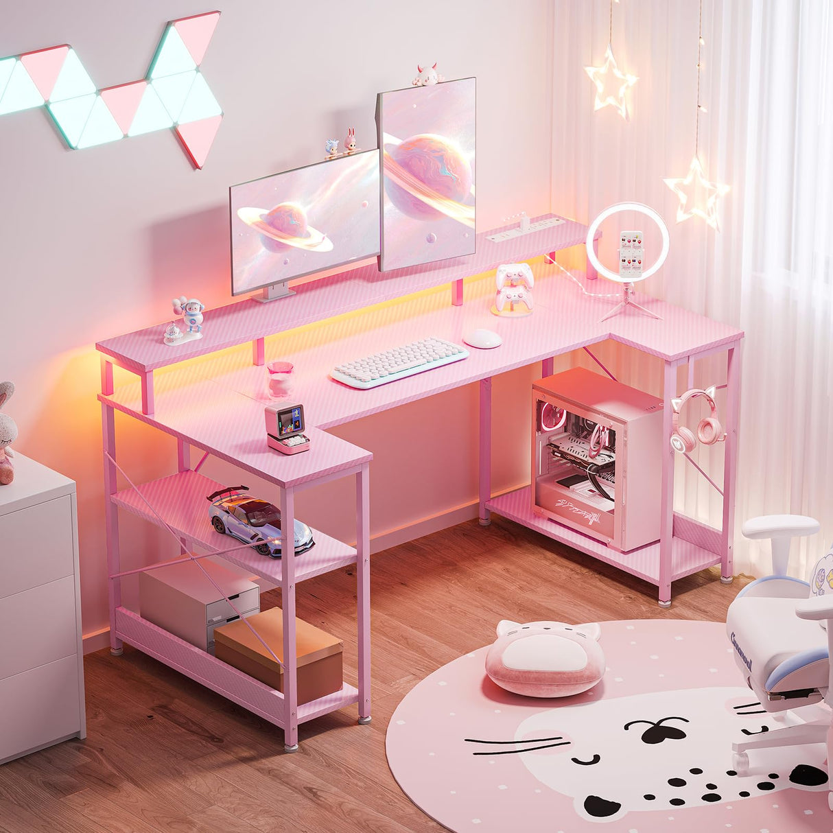 ODK 48 Inch Gaming Desk with LED Lights and Power Outlet, U-Shaped Computer Desk with Monitor Stand and Storage Shelves, PC Gamer Table for Home Office, Carbon Fiber Pink ODK