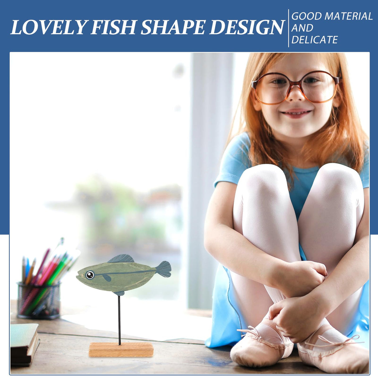 LIFKOME Nautical Fish Decor Wooden Fish Sculpture Wood Fish Statue on Base Stand Desktop Wood Fish Decor for Bathroom Bedroom Lake Beach House Decoration Blue Wood Fish Figurine LIFKOME