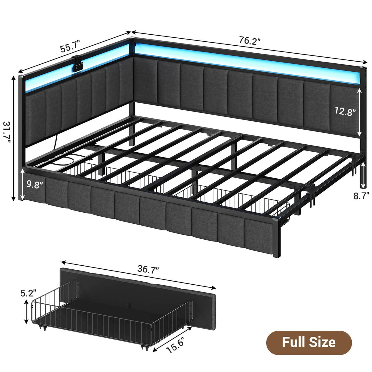 Hasuit Corner Bed Frame with Storage Drawers, Full Daybed with Line Fabric Upholstered Fence, Kids Bed Unit with LED Light and Charging Station, Modern Bed Frame Full Size, Gray Hasuit