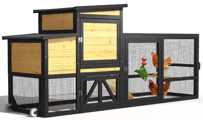 TIMHAKA 80'' Chicken Coop with Nesting Box, Outdoor Duck Coop, Chicken House for Outside, Wooden Chicken Coops with Run & Waterproof Asphalt Roof, Wheels, Removable Tray and Hanging Chicken Feeder