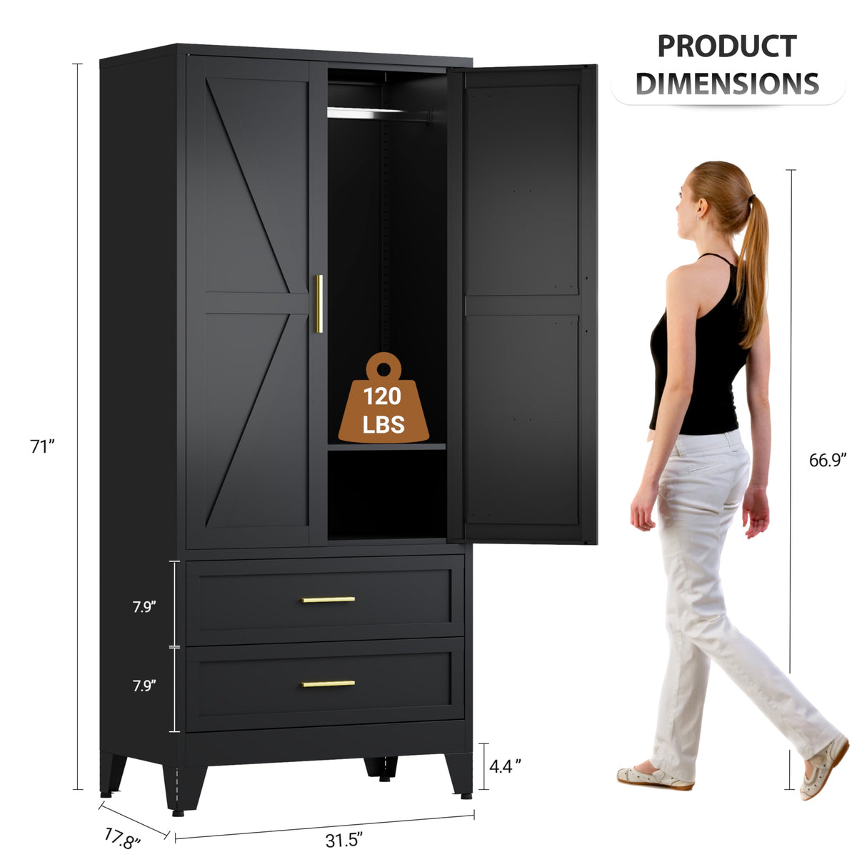 FIRMET Metal Wardrobe Closet Cabinet with Drawers,71" H Large Bedroom Armoires with Shelves and Hanging Rod,Wardrobe Storage Cabinet with 2 Doors, 1 Adjustable Shelf and 2 Drawers FIRMET