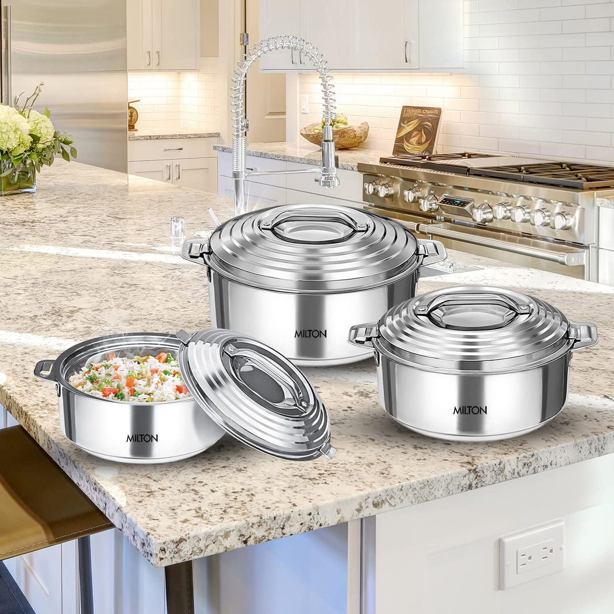 Milton Thermosteel Galaxia Insulated Hotpot Casseroles, Set of 3, Stainless Steel (1000ml, 1500ml, 2500ml) MILTON