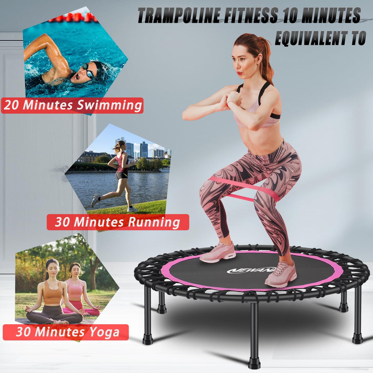 Newan 40'' Silent Fitness Mini Trampoline - Indoor Rebounder for Adults - Best Urban Cardio Jump Fitness Workout Trainer, Covered Bungee Rope System - Max Limit 330 lbs NEWAN