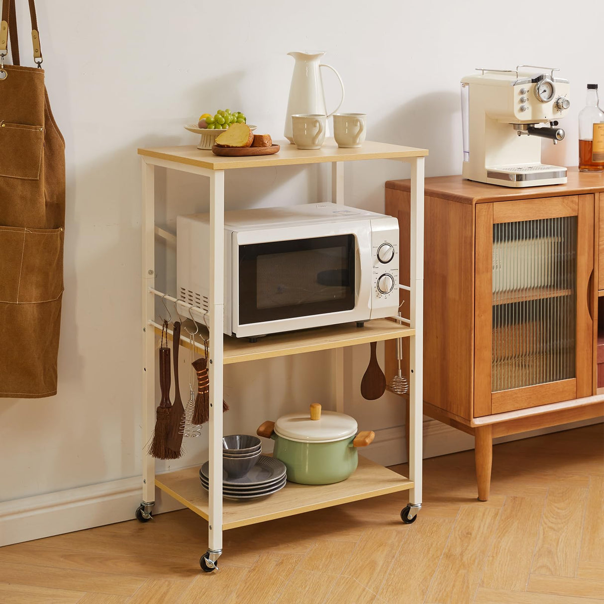 IBUYKE Kitchen Shelf Cart, 3-Tier Microwave Oven Stand, Baker’s Rack with Metal Frame and 8 Hooks, Industrial Printer Stand, Utility Standing Storage Shelf for Coffee Bar, Simple Assembly, TMJ023R IBUYKE