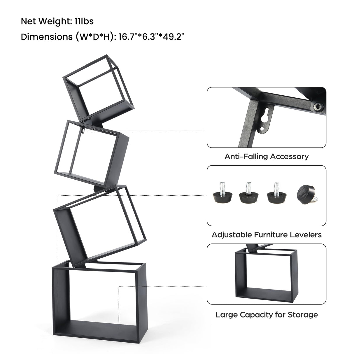 Bookshelf, 4-Tier Geometric Black Bookcase, 49" Tall Modern Corner Bookshelf, Storage Shelves for CDs/Books/Home Decor, Display Shelf for Living Room, Bedroom, Study Room, Nursery Room, Home Office Weltallina