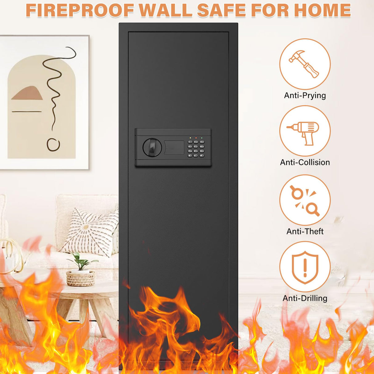 43.3-inch Tall Fireproof Wall Safes Between the Studs, Large Home Wall Safe with Combination Lock and Removable Shelf, Security Wall Safes for Home Firearm Money Valuables Tiskgg