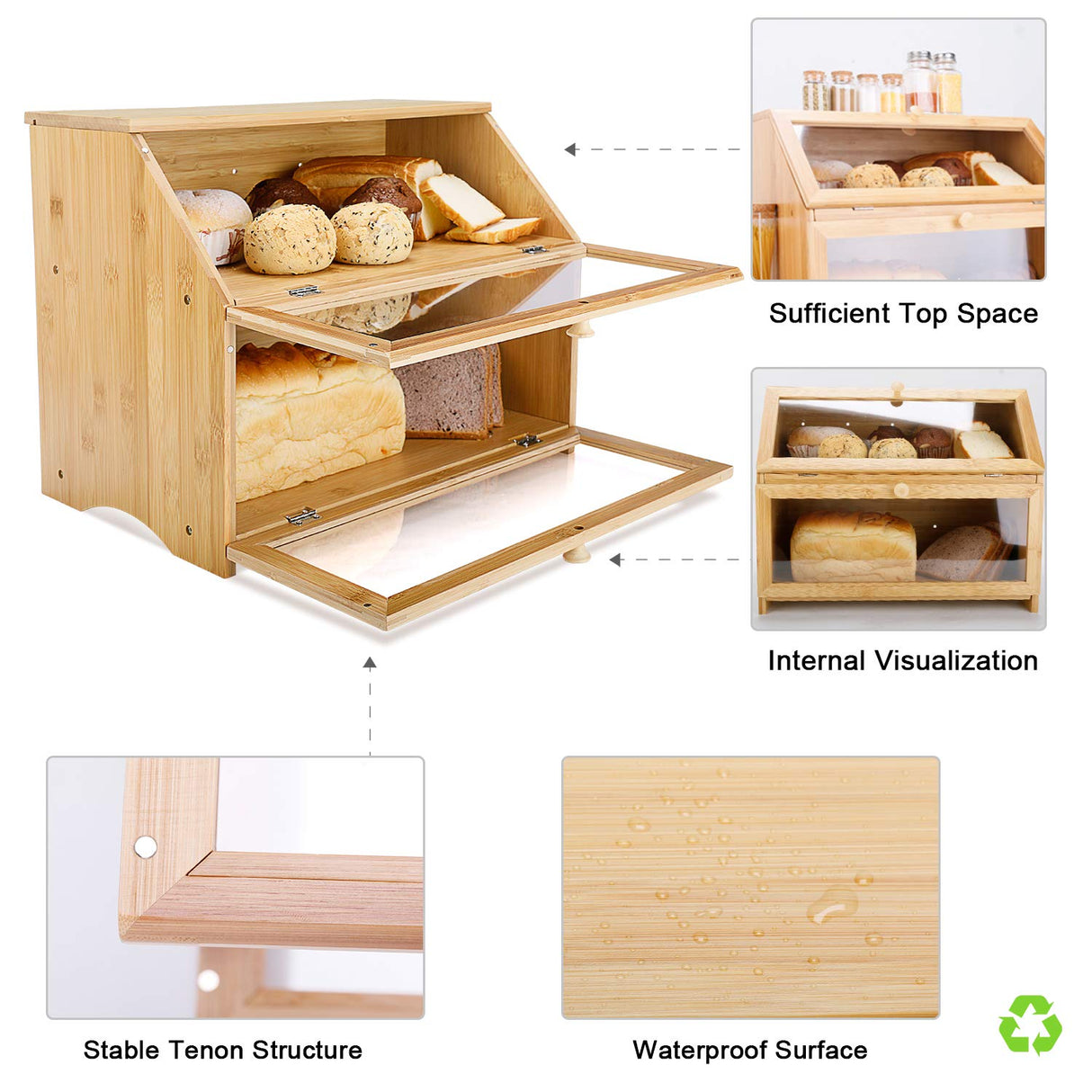 HOMEKOKO Double Layer Large Bread Box for Kitchen Counter, Wooden Large Capacity Bread Storage Bin (Natural Bamboo) HOMEKOKO