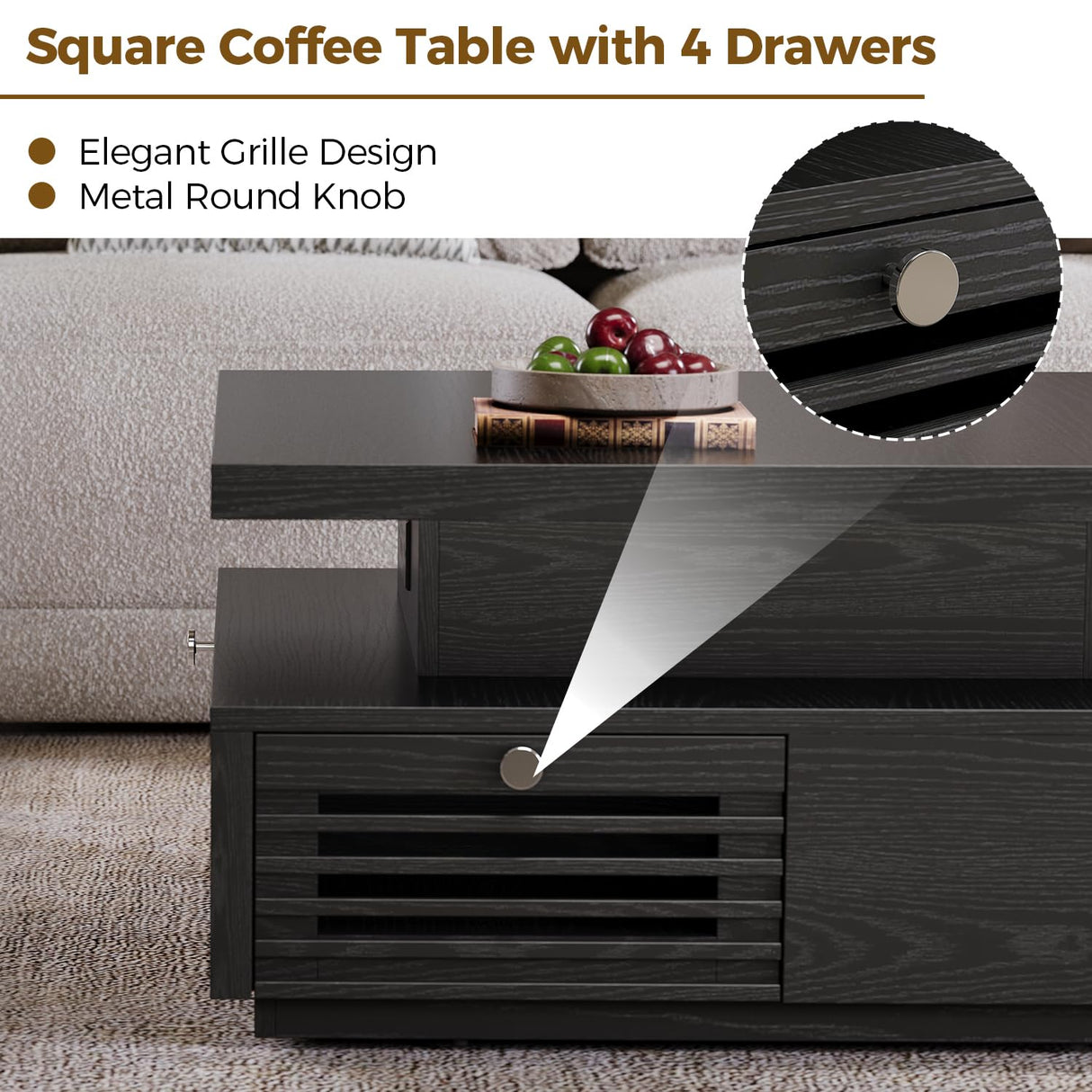 IRONCK Mid Century Modern Coffee Table with LED Lights & Charging Station, 4 Storage Drawers with Grille Design, Square Wood Coffee Table for Living Room Office, (Black) IRONCK