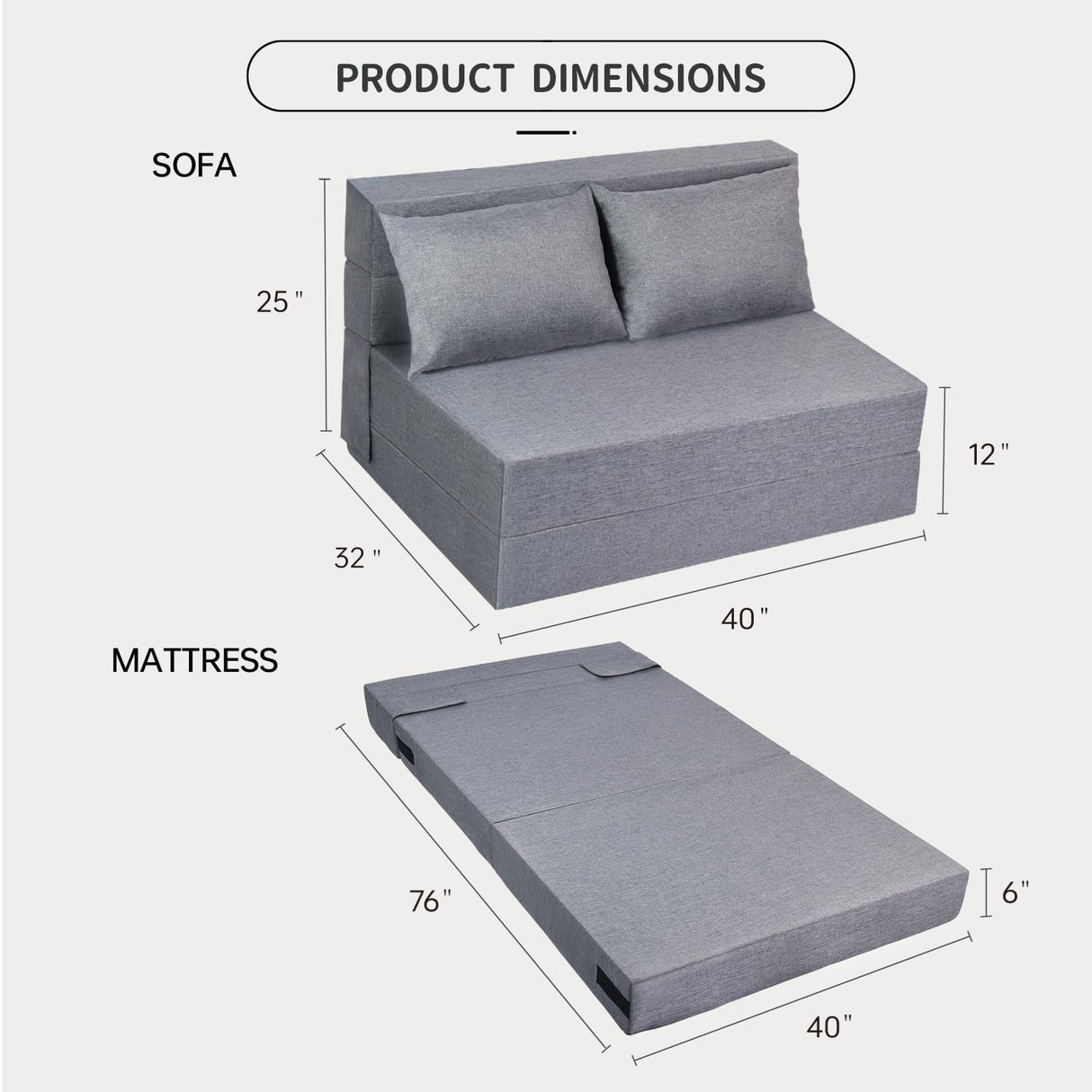 Fvkind Folding Sofa Bed Twin Size, Foldable Sleeper Chair with 2 Pillows, Convertible Futon Sofa Bed with Washable Cover, Fold Out Couch for Living Room, Dorm, Guest Room, Standard Size, Light Grey Fvkind