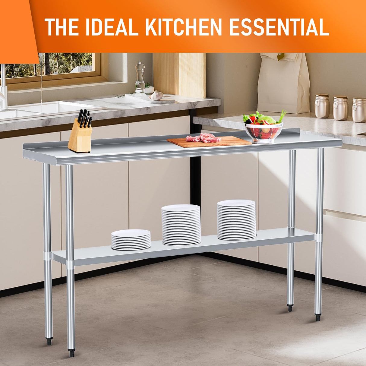 HOCCOT Stainless Steel Table for Prep & Work 14" X 60" inches with Adjustable Shelf and Backsplash, Commercial Workstations, Utility Table in Kitchen Garage Laundry Room Outdoor BBQ HOCCOT