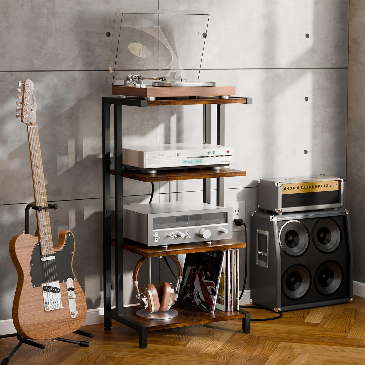 X-cosrack 4-Tier AV Media Stand with Power Strips,Wooden Corner TV Stand Shelf with LED Lights,Stereo Component Cabinet Audio Rack Stand Tower Ideal for DVD Players,Game Console TV Box,Cable Box,Xbox X-cosrack