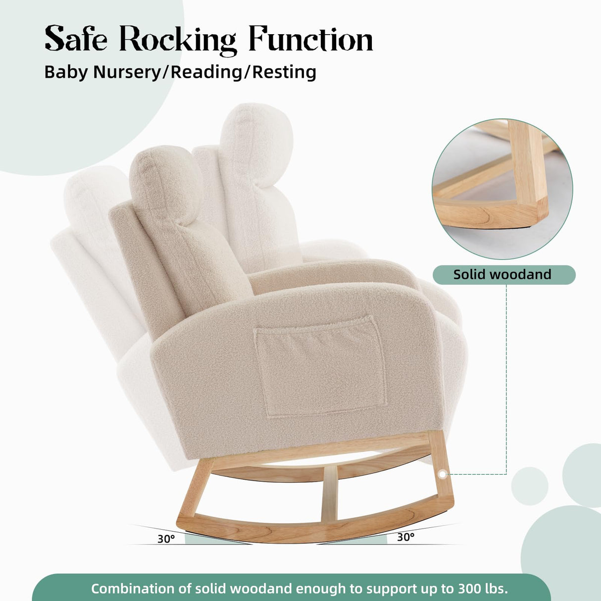 PeacefulHues Upholstered Rocking Chair, Glider Chair Nursery Chair with High Back and Side Pocket, Rocking Accent Armchair with Rubber Wood Legs for Living Room/Bedroom/Nursery PeacefulHues