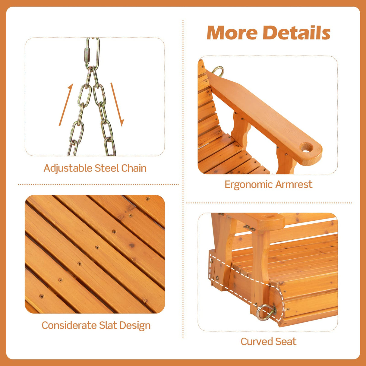 Giantex Wooden Porch Swing 2 Seat - Outdoor Swinging Chairs with Hanging Chains, 600 lbs Weight Capacity, 4 FT Finished Fir Wood Bench Swing for Patio, Outside, Garden, Lawn, Backyard (Orange) Giantex