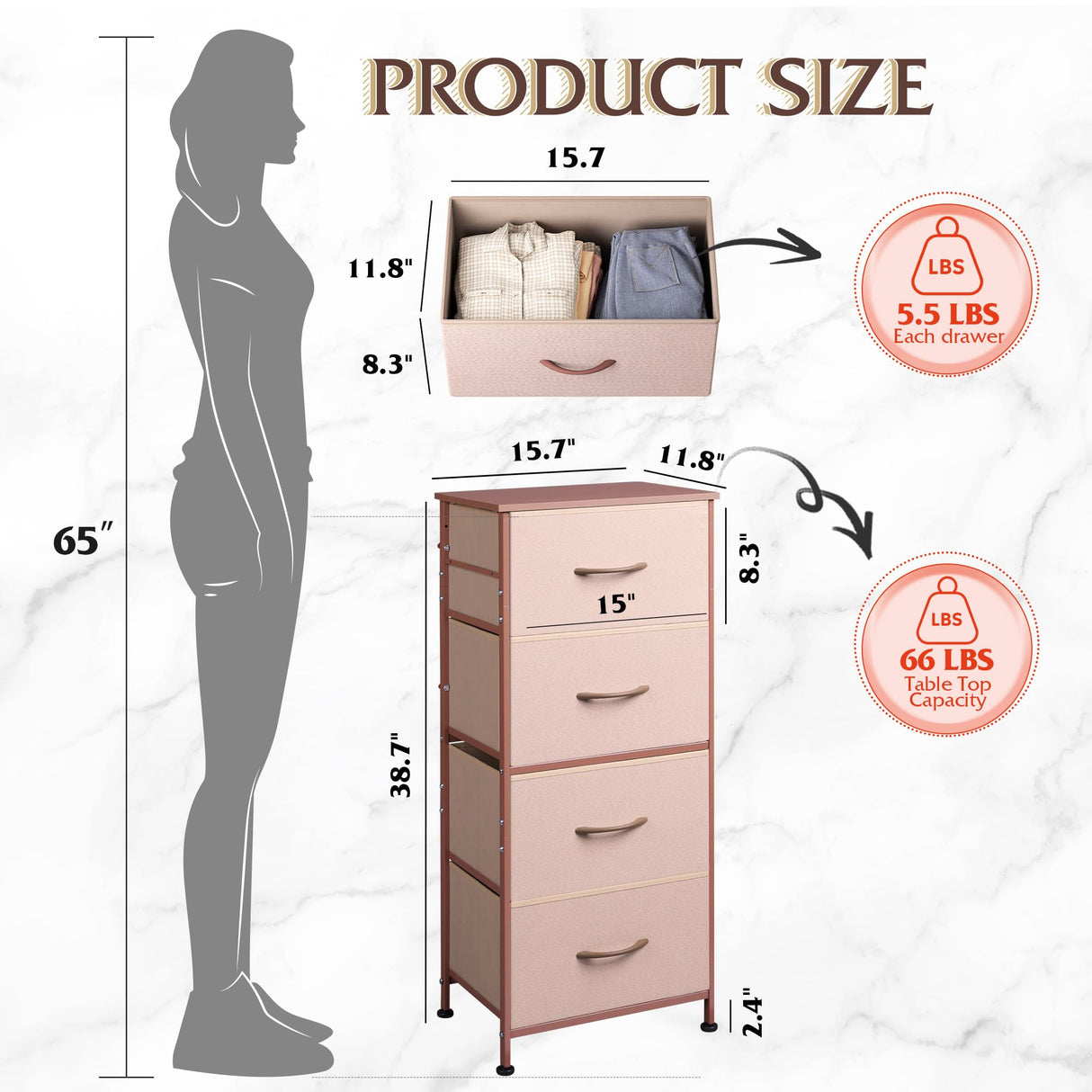 WLIVE 4 Drawers Dresser for Bedroom, Pink Rose Gold Fabric Clothes Storage Organizer Unit, Dresser for Hallway, Entryway, Closets, Sturdy Steel Frame, Wood Top WLIVE
