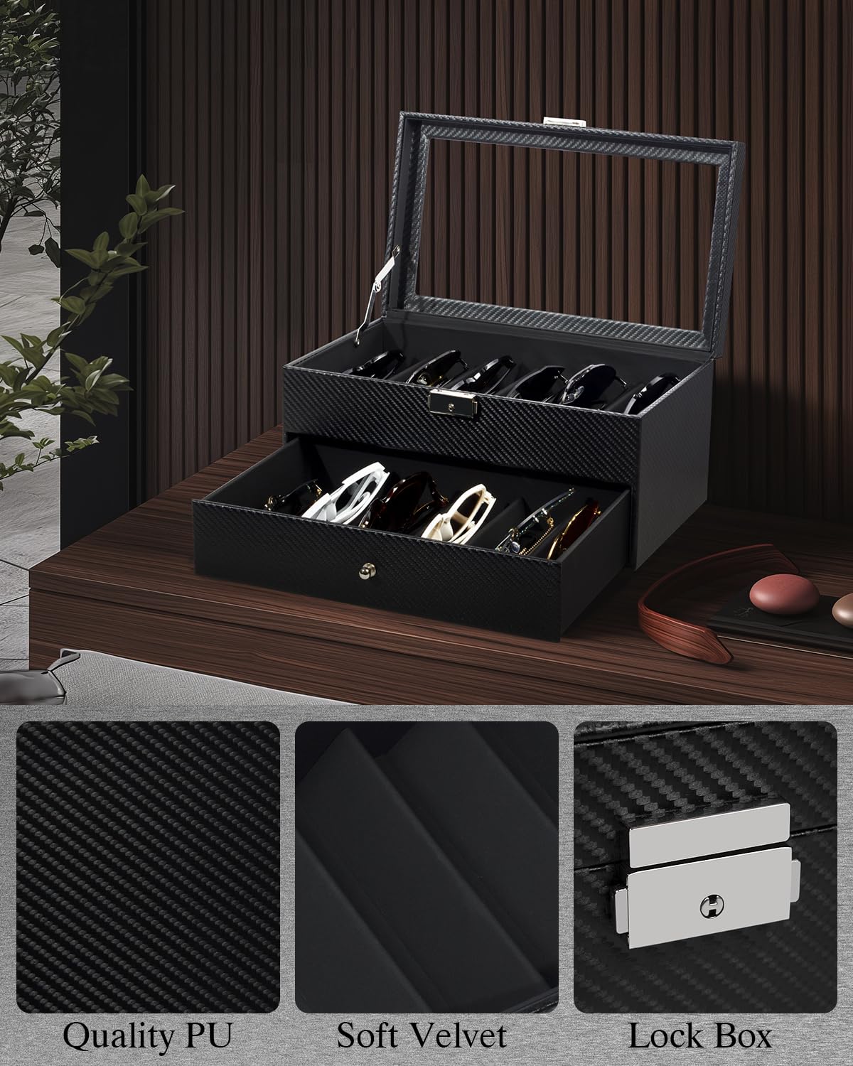 GUKA 2-layer Sunglasses Storage Organizer, 12 Slots Leather Sunglass Box Multiple Pairs Eyeglass Display Case for Women Men, Gift Idea (Black+Black) GUKA