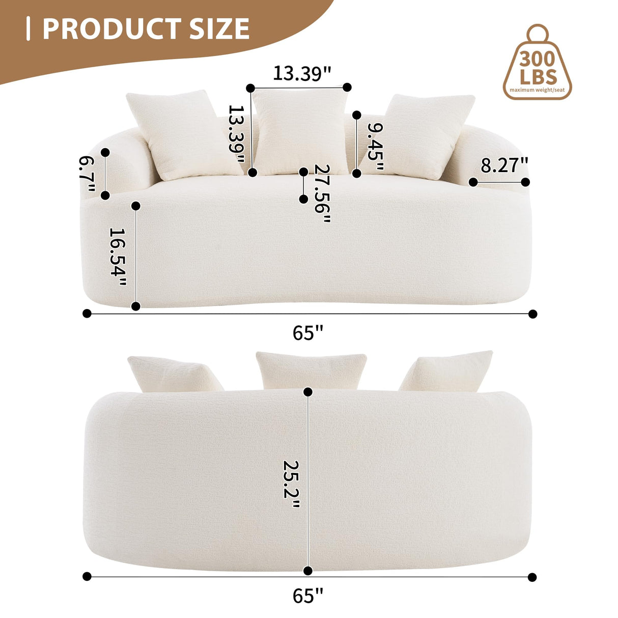 VYNELITO Loveseat Sectional Sofa for Living Room, 65" Modern Luxury Plush Chenille Sofa Extra Deep Seat Curved Cloud Floor Couch with 3 Throw Pillows for Small Spaces, Beige White VYNELITO