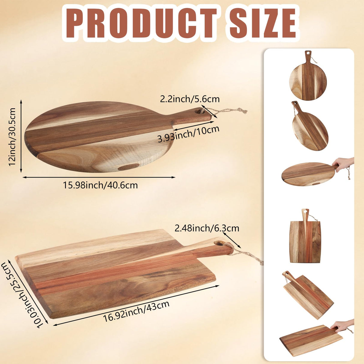 Hsei 2 Pcs Acacia Wood Cutting Board with Handle Wooden Charcuterie Board Large Paddle Carving Chopping Board Set Butter Board Serving Tray for Cheese Meat Fruit Pizza Bread Baking (16x12, 17x10inch) Hsei