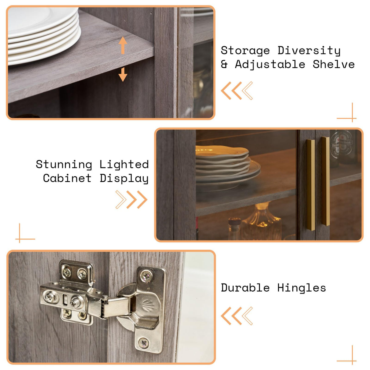 AMERLIFE Sideboard Buffet Cabinet with LED Lights, Mixed Color Accent Cabinet with Glass Doors and Adjustable Shelf, Hallway Storage Cabinet Console Table for Living Room, Dining Room, Black and Gray AMERLIFE