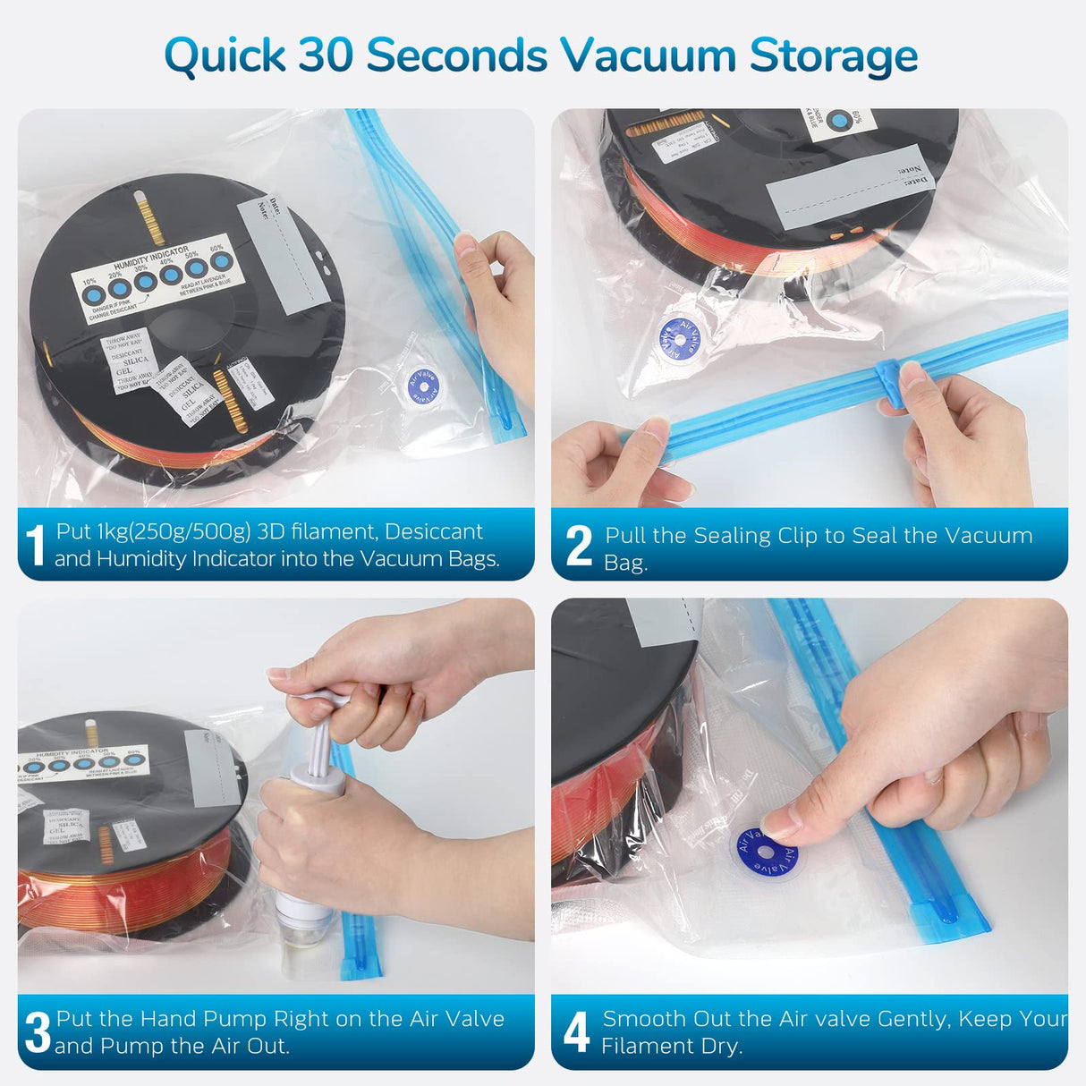 FugaCity 3D Printer Filament Storage Vacuum Bags Kit- 20Pack Reusable Vacuum Bags (PA+PE 13.8 ×15.7 in) with 20 Desiccants / 20 Humidity Cards /20 Clips/ 1 Hand Pump for Keep Filament Clean & Dry FugaCity